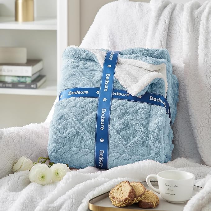 Bedsure Sherpa King Size Blanket for Bed- GentleSoft Fleece Fluffy & Cozy Cable Jacquard Tufted for Women Gift, Thick and Warm Blankets for Winter, Blue, 108x90 Inches