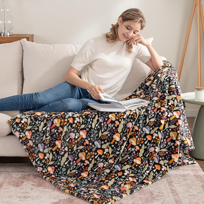 Berkshire Blanket-Classic Heavyweight Soft Printed VelvetLoft® Plush Throw Blanket, Cozy and Fuzzy, Mushroom Cutie Charcoal, 50in x 70in