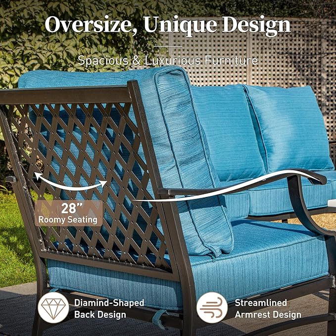 7 Piece Metal Outdoor Patio Furniture Sets, Patio Conversation Sets 3-Seater Sofa, 2 Rocking Chair, 2 Ottomans with 5.75" Thick Cushion, All-Weather Frame Backyard Furniture, Blue-2
