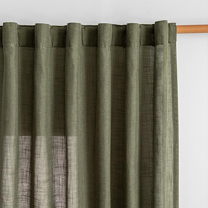 MYSKY HOME Living Room Curtains 90 Inches Long Farmhouse Light Filtering Privacy Curtain Drapes for Patio Door, Linen Look Texture Fabric Bohemian Draperies Soft Touch, 50x90, Olive Green, 2 Pieces