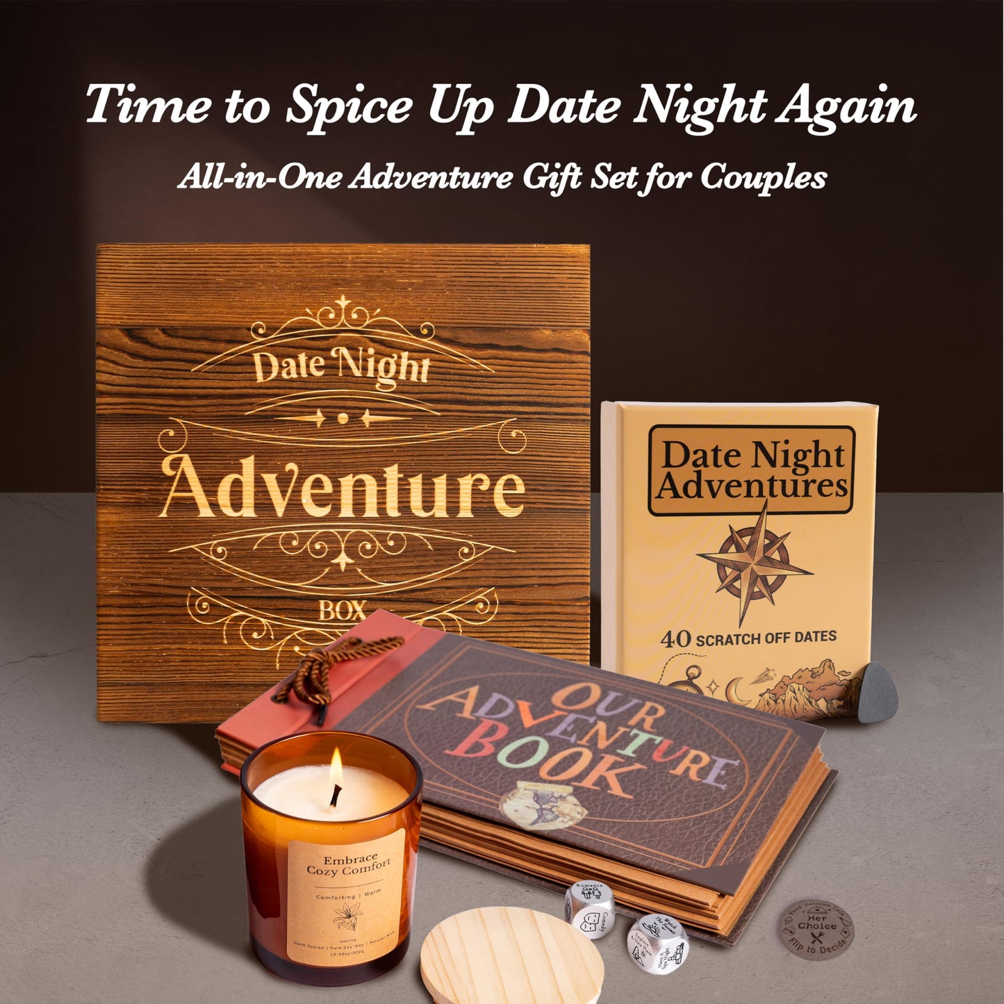 GreenCor Couples Date Night Adventure Gift Box Scratch-Off Date Ideas - Anniversary or Birthday Gifts for Girlfriend | Boyfriend - Vanilla and Lavender Candles | Decision Coin & Dice