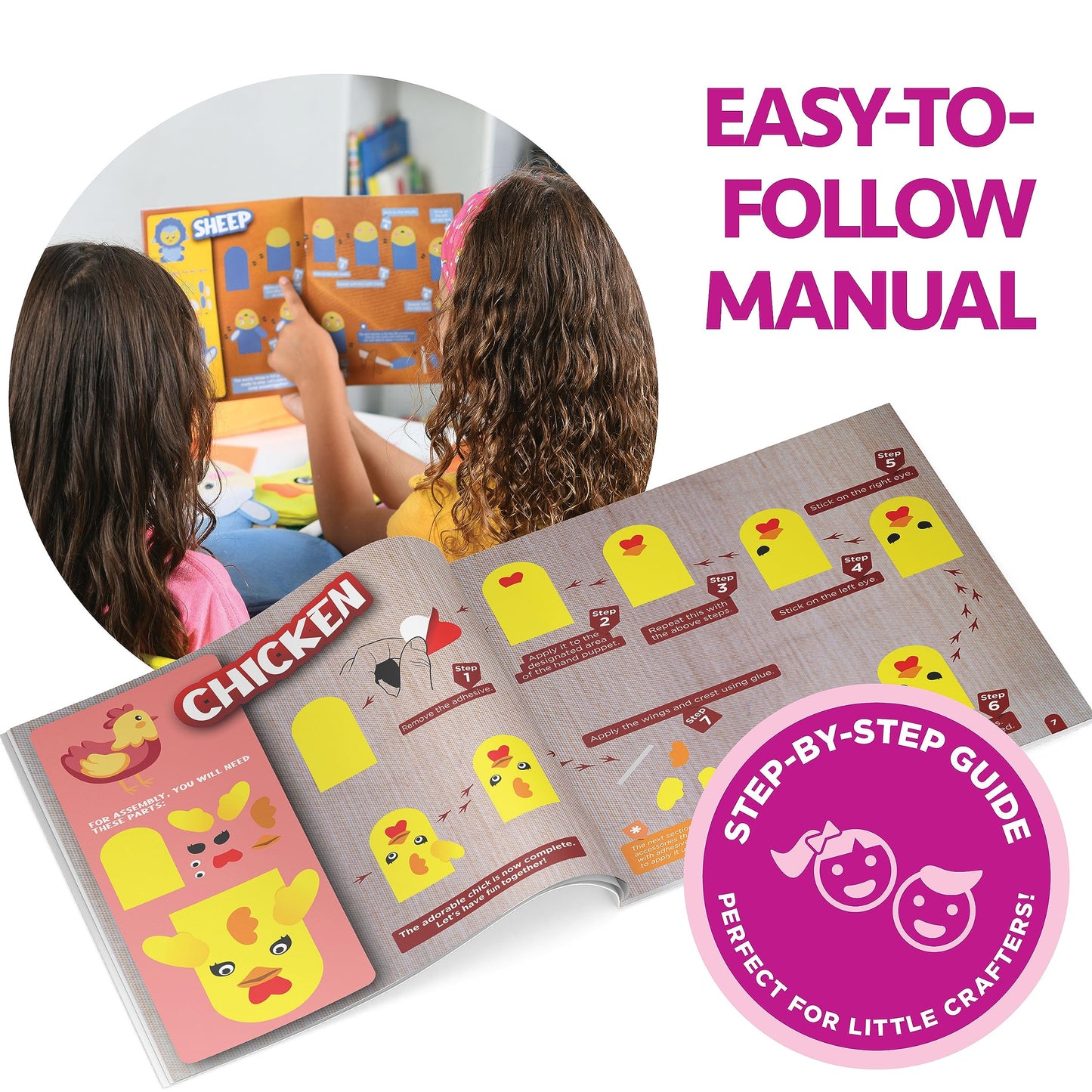 Hand Puppet Kit – Make Your Own Animal Characters, 10 Felt Pieces, Simple Step-by-Step Instructions, Arts & Crafts Activity for Kids, Role Play & Storytelling Birthday Gift