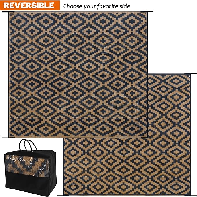 SAND MINE Reversible Mats, Plastic Straw Rug, Modern Area Rug, Large Floor Mat and Rug for Outdoors, RV, Patio, Backyard, Deck, Picnic, Beach, Trailer, Camping, Black & Brown, 8' x 8'