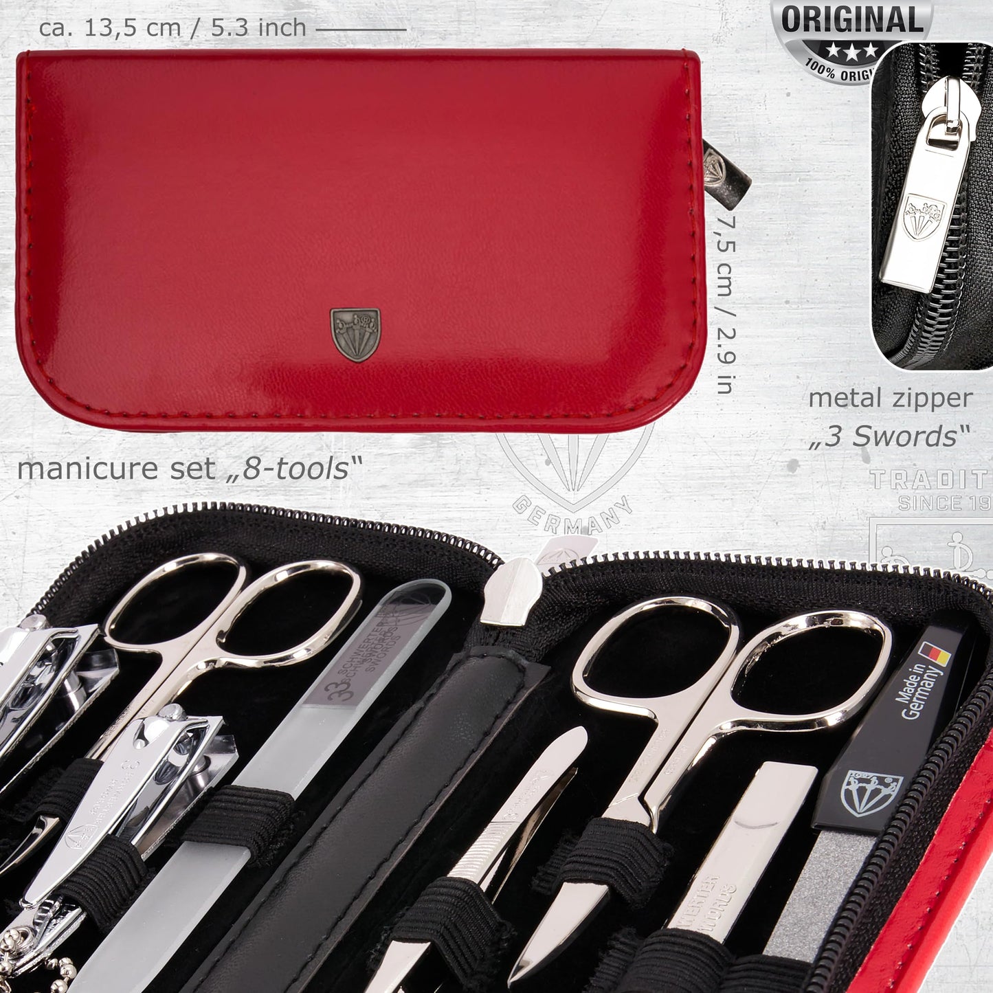 3 Swords Germany - brand quality 8 piece manicure pedicure grooming kit set synthetic leather case red - Made in Germany