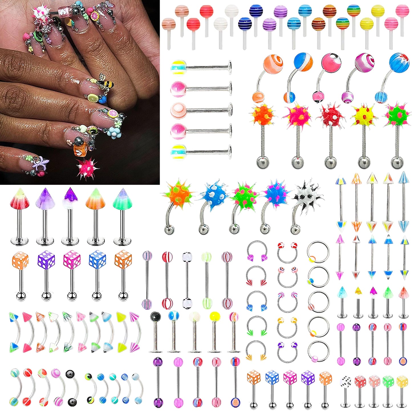 ZAKCBEAUR 130Pcs Nail Art Piercing Stud,Lollipop,Rings, Pom-poms, Dice, Cones,for women, girls Nail Decorations DIY Craft