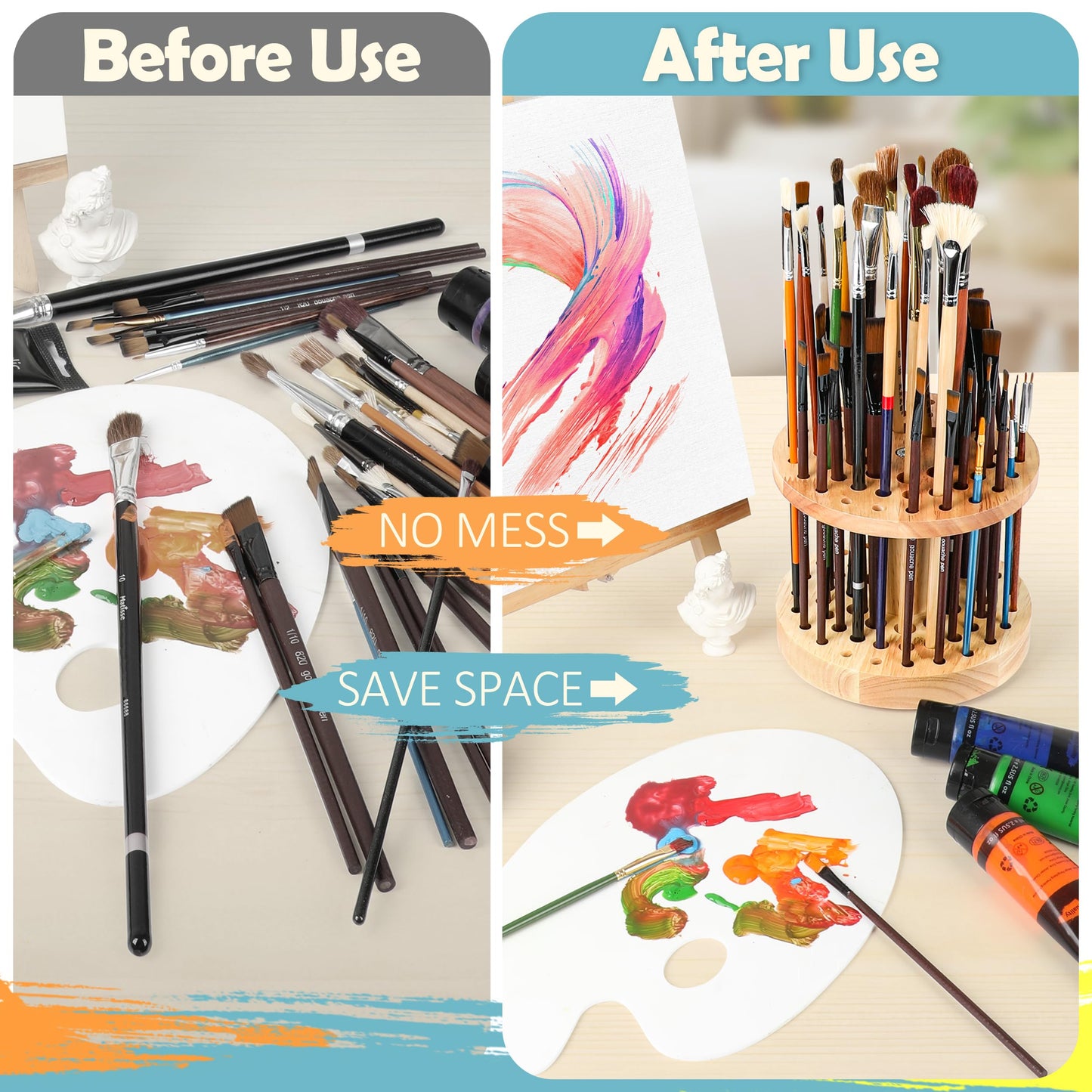 Dlicoda 52 Holes Paint Brush Holder, 360° Rotating Paint Brush Organizer, Hardwood Storage Stand Rack for Artists Brushes, Crafts Tools, Makeup Brush, Calligraphy Pens