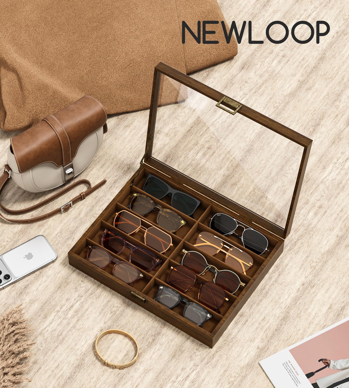 NEWLOOP Sunglass Organizer for Women Men - Multiple Pair of Sunglasses Storage Box Eye Glass Watch Display Case with 10 Slots Wooden