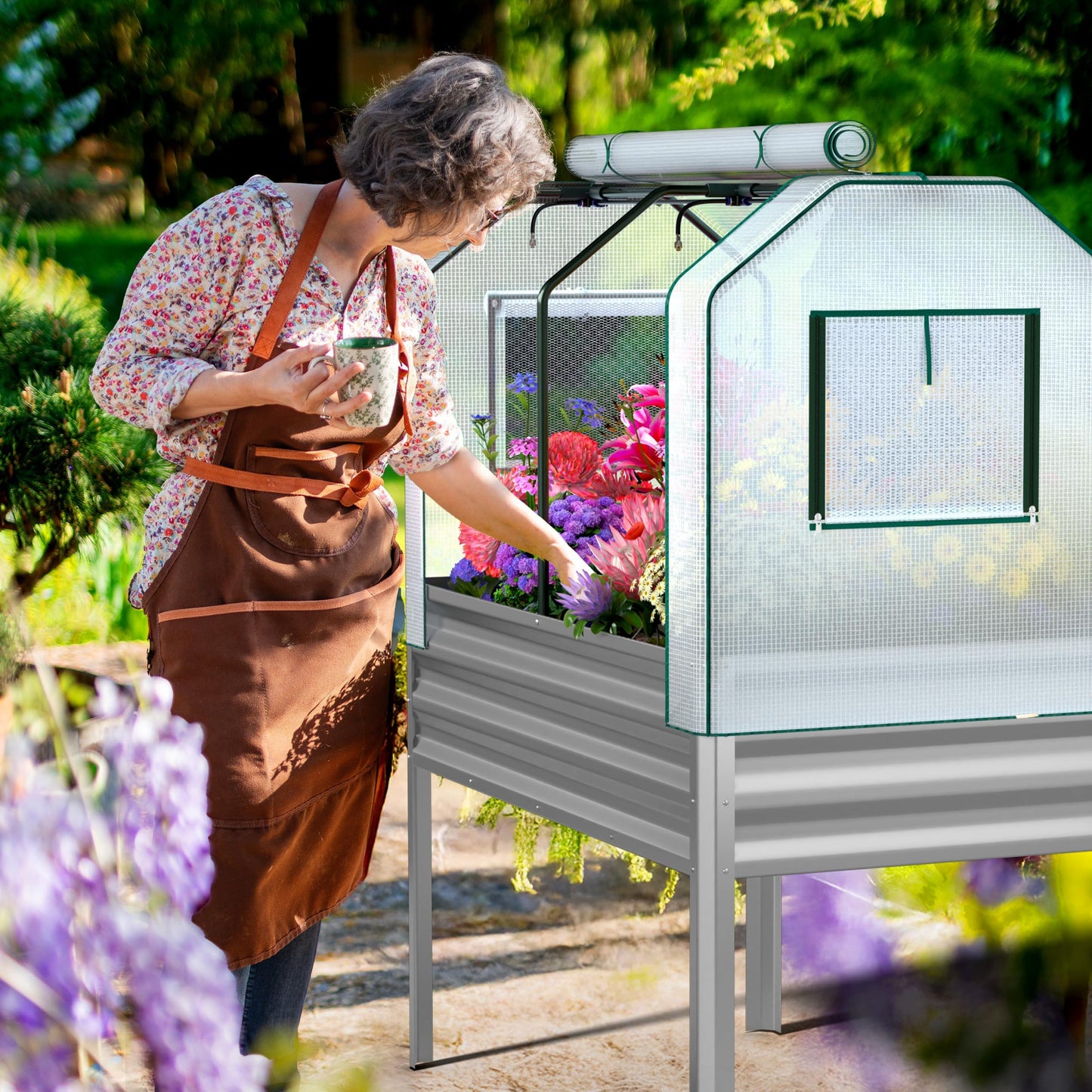 Lineware Galvanized Raised Garden Bed with Self-Watering System, Elevated Planter Boxes Outdoor with Legs and PE Cover for Vegetables and Flowers, Backyard, Patio, Balcony, 48x24x56 in
