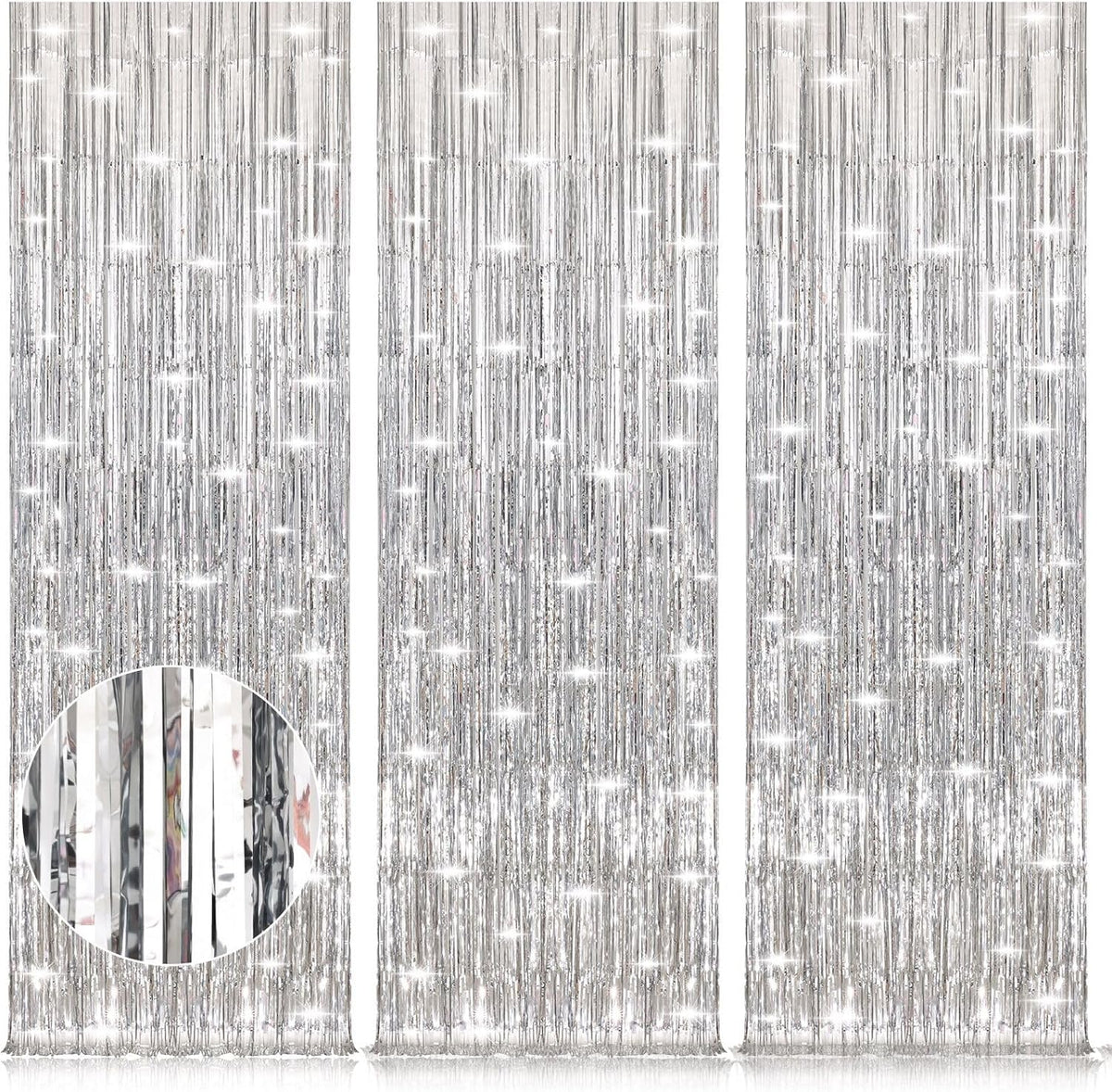 Accevo Silver Party Streamers 3Pack Metallic Tinsel Foil Fringe Curtains 3.2ft x 8.2ft Party Decorations for Photo Booth Photoshoot Birthday Bridal Shower Engagement Bachelorette Disco Party Decor