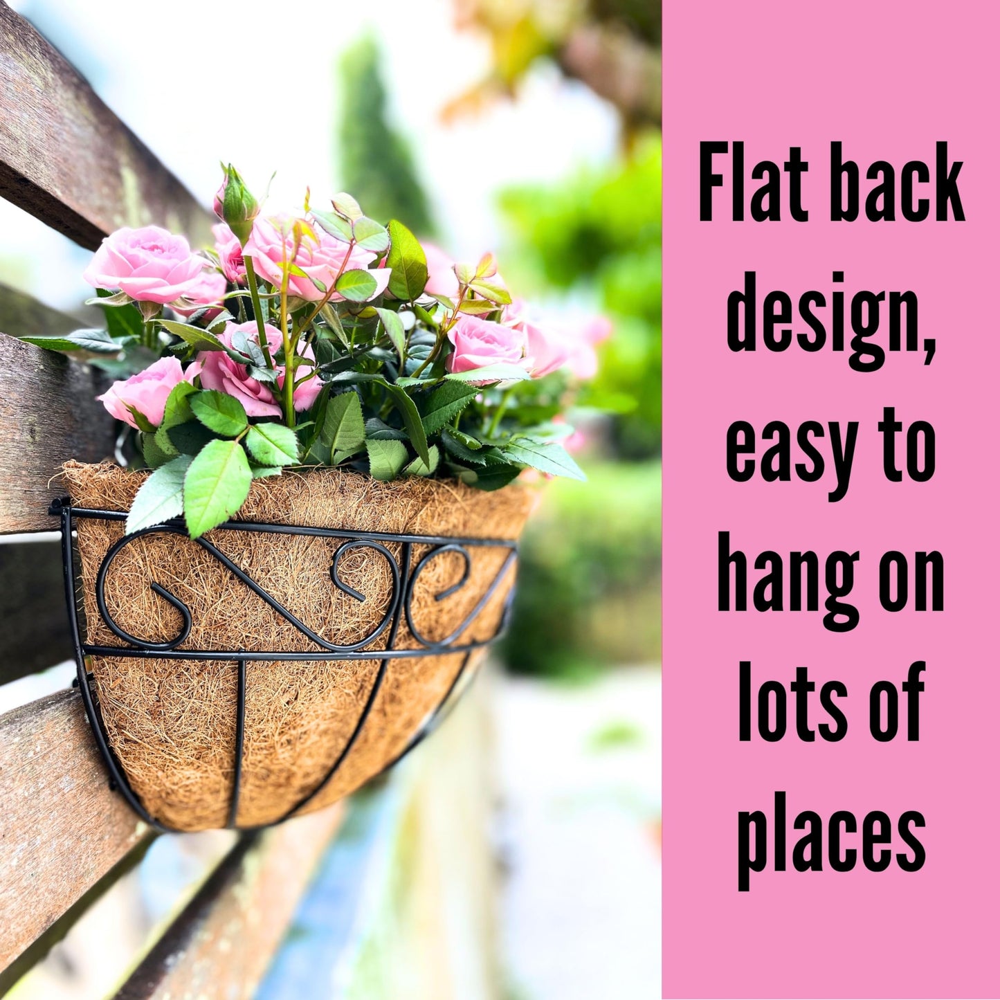 LaLaGreen Wall Hanging Planter, 2 Pack, 12 Inch Wall Mounted Flower Basket with Coco Liner for Outdoor Plants, Black Metal Wire Rail Herb Pot Holder Fence Railing Deck Porch Balcony Garden Patio Decor