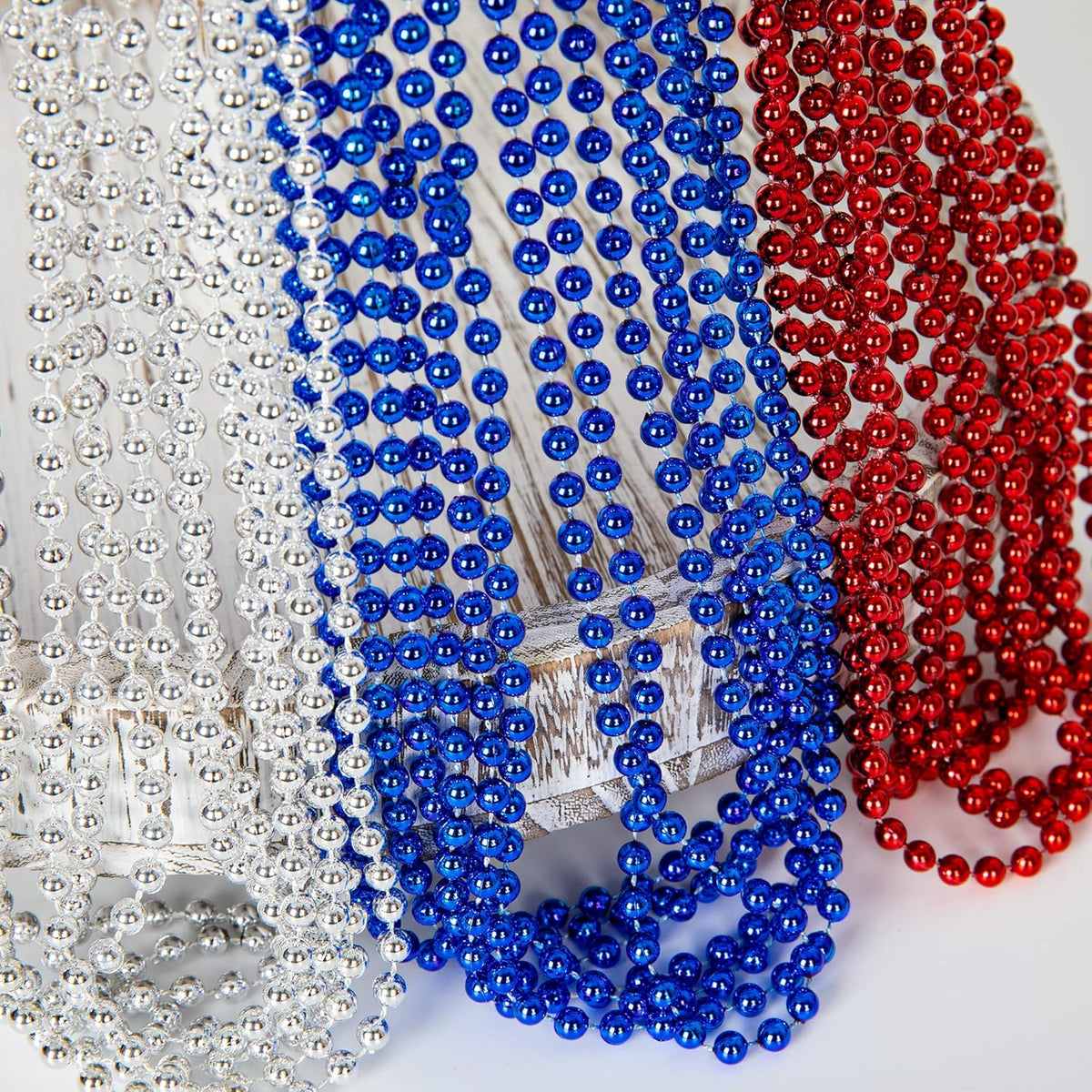 4th of July Party Favors, 12PCS Veterans Day Necklaces Bulk, Fourth of July Red Blue Silver Beads Necklace, Veterans Day Patriotic Beads Bulk for Parade Party Celebration Favors Decorations