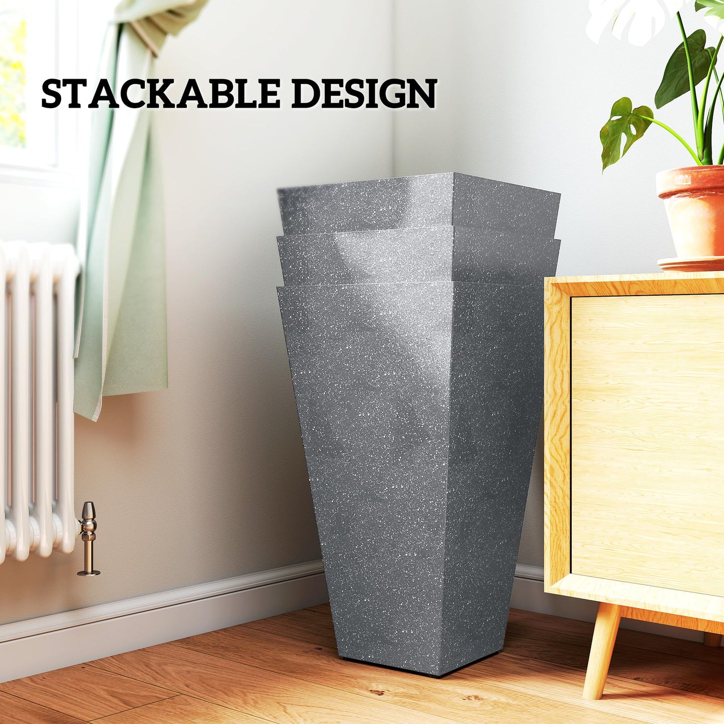 Outsunny 28 Inch Tall Planters for Outdoor Plants, Set of 3 Plastic Flower Pots with Marble Finish and Drainage Holes, Stackable Tapered Large Planters for Indoor Plants, Front Porch Decor, Gray