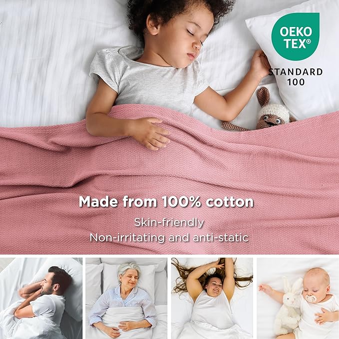 Bedsure 100% Cotton Blanket King Size for Bed - Breathable and Lightweight, Soft Cozy Textured Herringbone Woven Blanket for Summer Spring, Pink, 108x90 inches