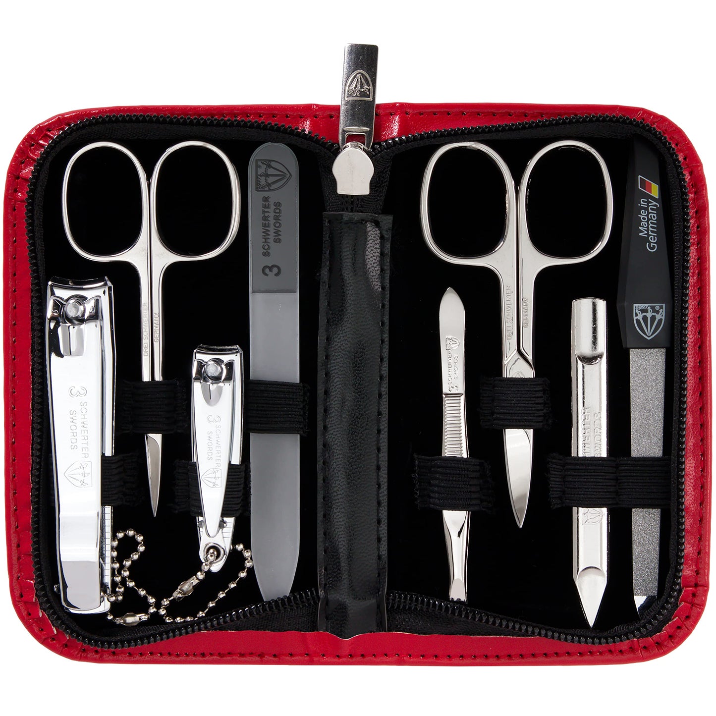 3 Swords Germany - brand quality 8 piece manicure pedicure grooming kit set synthetic leather case red - Made in Germany