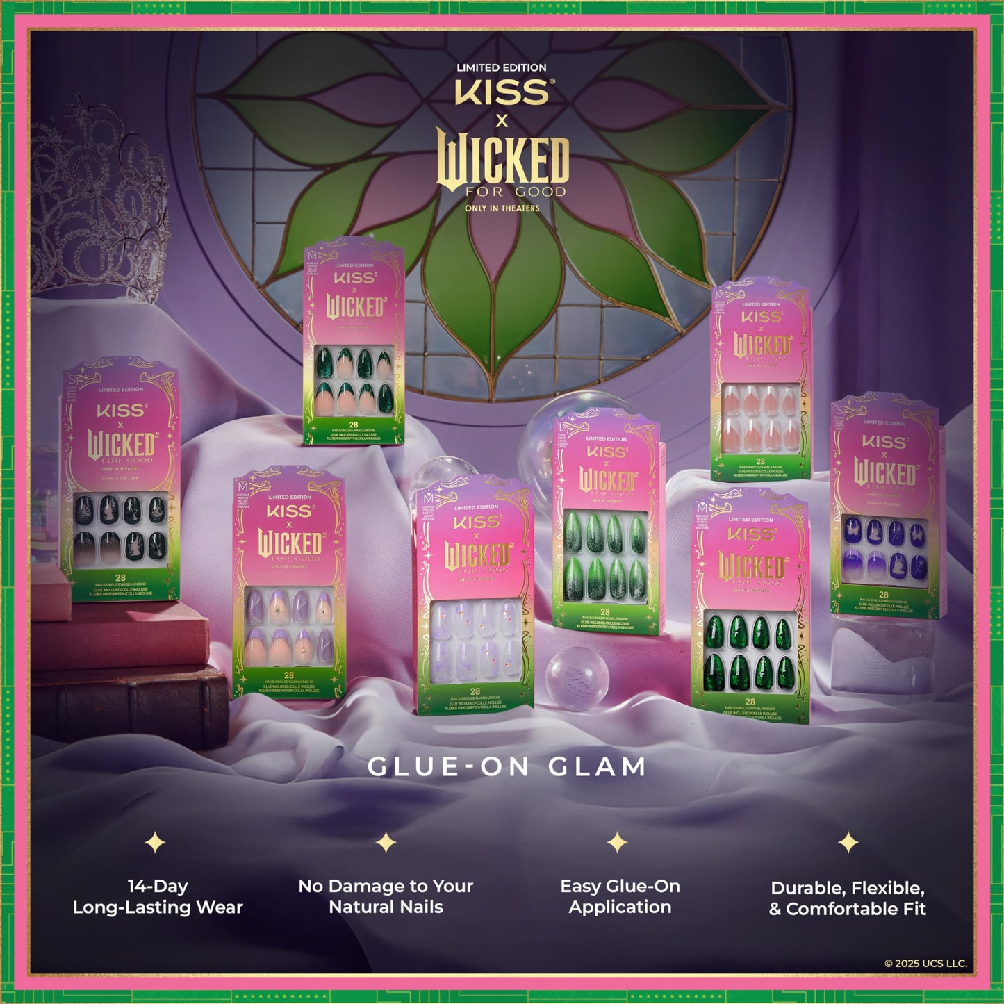 KISS X WICKED: FOR GOOD Press On Nails Almond, ‘Dreams Take Flight’, Green, Medium, Waterproof, Chip Proof, Smudge Proof, 28 Fake Nails, Pink Gel Nail Glue (2g), Mini Nail File, & Manicure Stick
