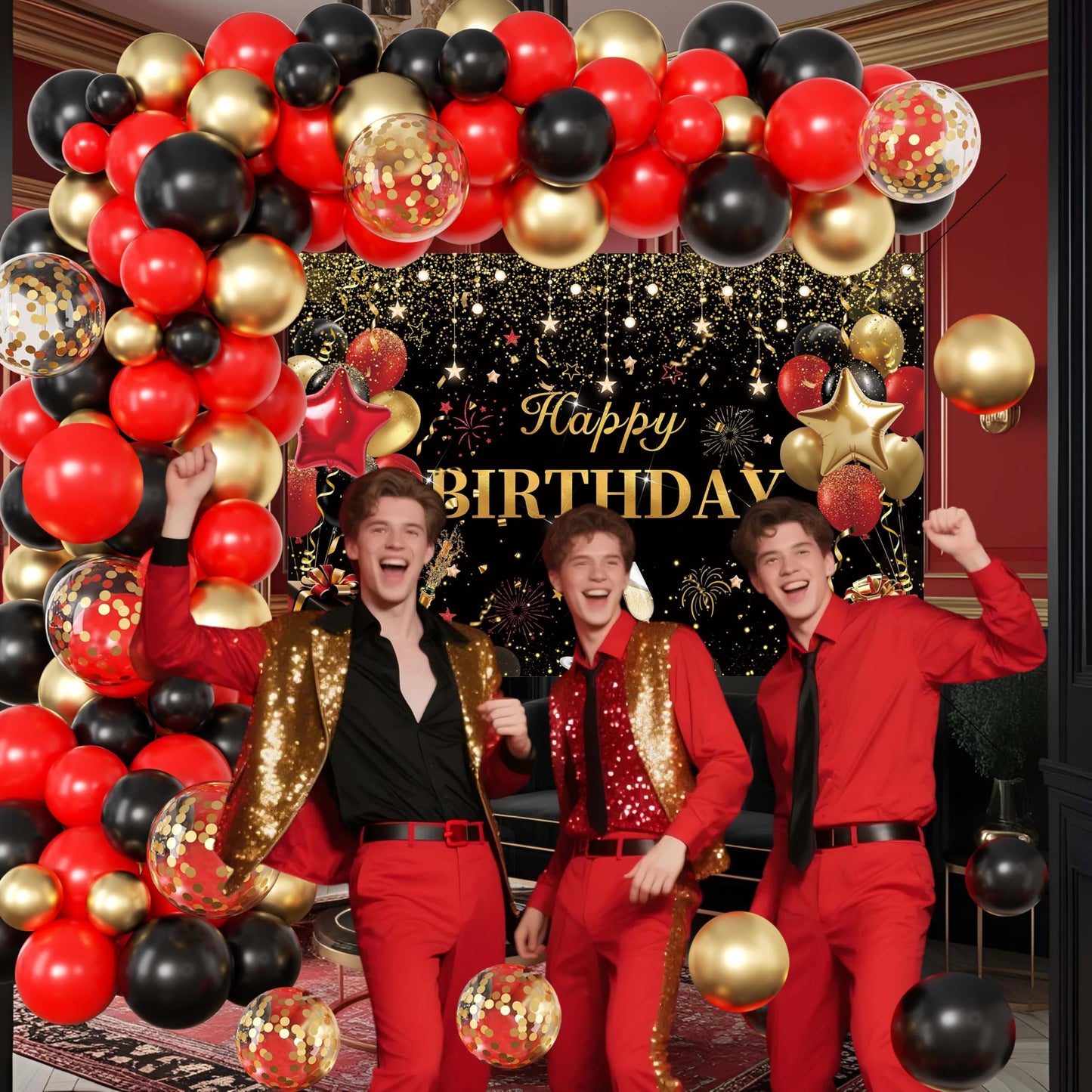Red Birthday Party Decorations for Women,Balloon Aich kit,Black Gold Confetti Balloons,Happy Birthday Backdrop
