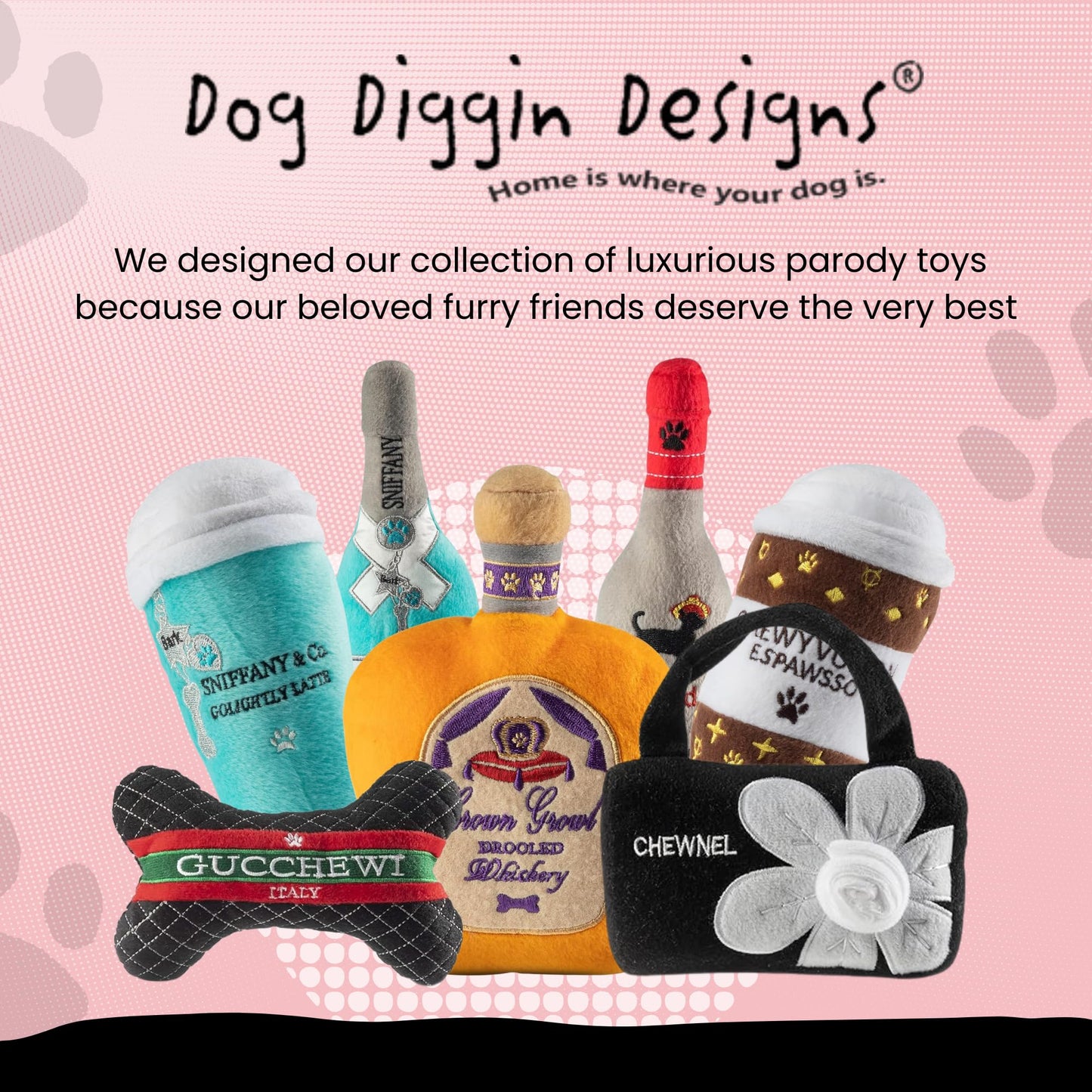 Dog Diggin Designs Cartiarf Plush Dog Toy Box | Luxury-Inspired Parody Designer Gift Box with Squeaker, Soft Plush Interactive Dog Toy – Thinking Outside The Box