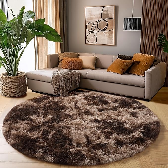 Amdrebio Tie-Dyed Brown Round Circle Rugs 4Ft for Bedroom, Fluffy Shag Plush Area Rugs for Kids Room, Living Room Decor Aesthetic, Fuzzy Fur Throw Floor Carpet for Playroom Preppy Dorm Baby Nursery