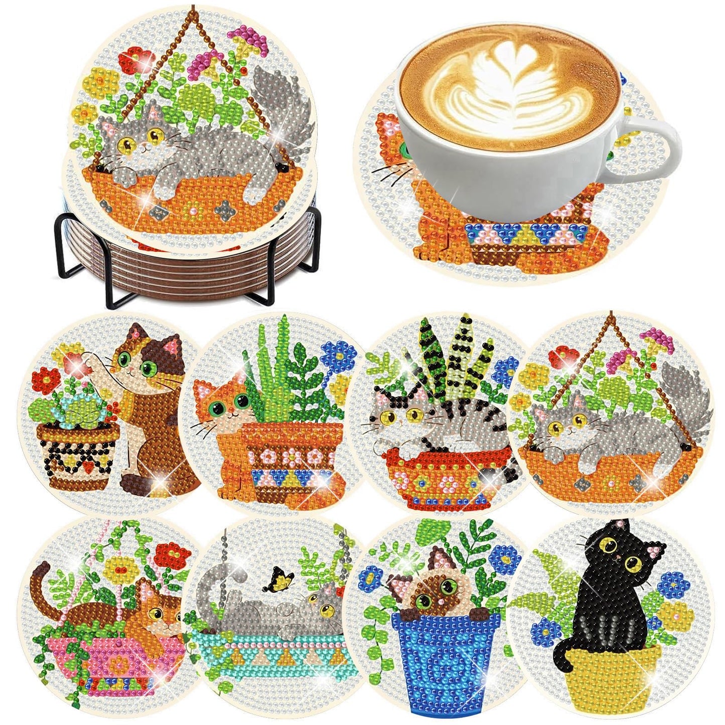 8 Pcs Cat Diamond Art Coasters with Holder, Cat Diamond Painting Coasters Kit for Adults, Crafts Kits for DIY Coasters for Cat Lover Gift 4X4 inch