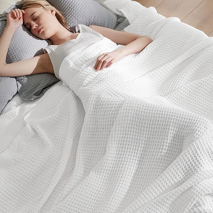 Bedsure 100% Cotton Large Blanket Oversized King for Bed - Breathable Waffle Weave Blanket for Summer Spring, Couch Cover, White, 120x94 inches