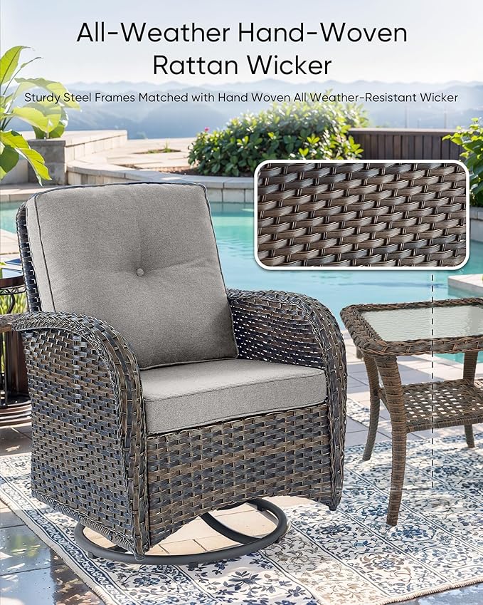 HUMMUH Outdoor Patio Furniture Set,L-Shaped Sectional Couches with Swivel Patio Chairs,Wicker Conversation Set for Deck,Backyard,Porch,Garden