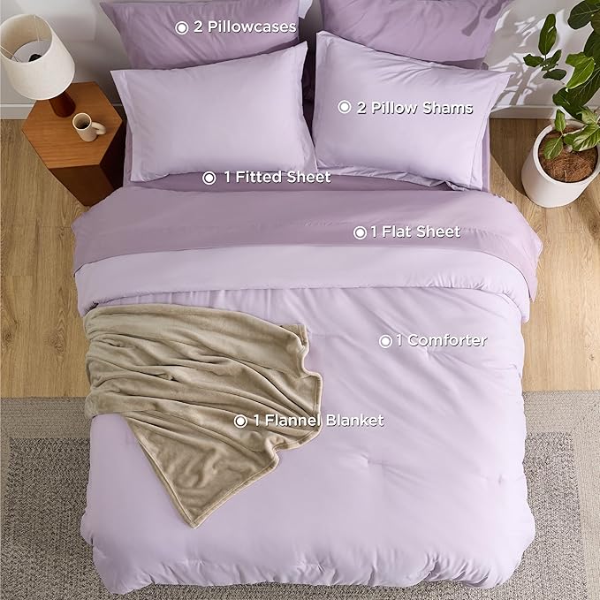 Bedsure Twin Comforter Set Grayish Purple, 6 Pieces Prewashed Twin Size Bed in a Bag with Soft Fleece Bed Blanket, Down Alternative Bedding Set for All Seasons, Sheets, Pillowcase & Sham