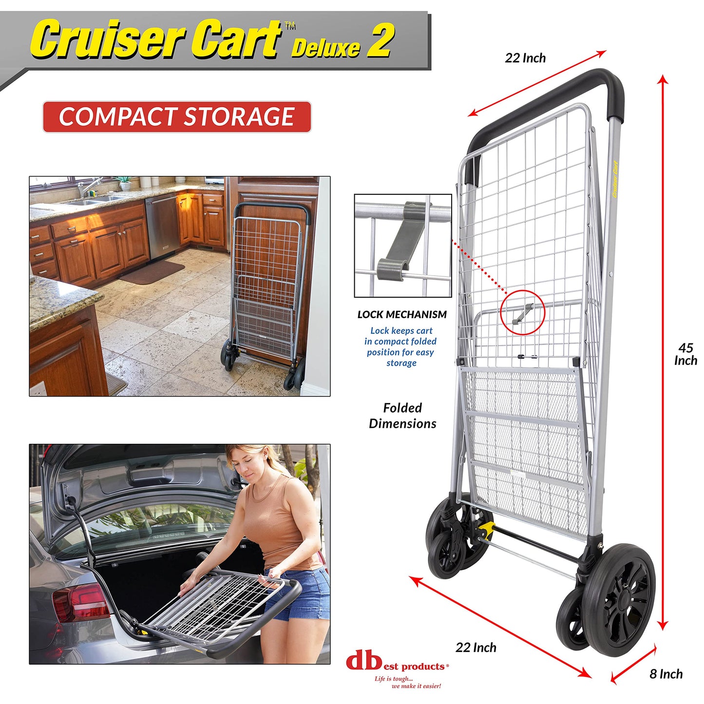 dbest Products Cruiser Cart Deluxe 2 Germ Guard Bundle Shopping Handle Grocery Rolling Folding Laundry Basket on Wheels Foldable Utility Trolley Compact Lightweight Collapsible