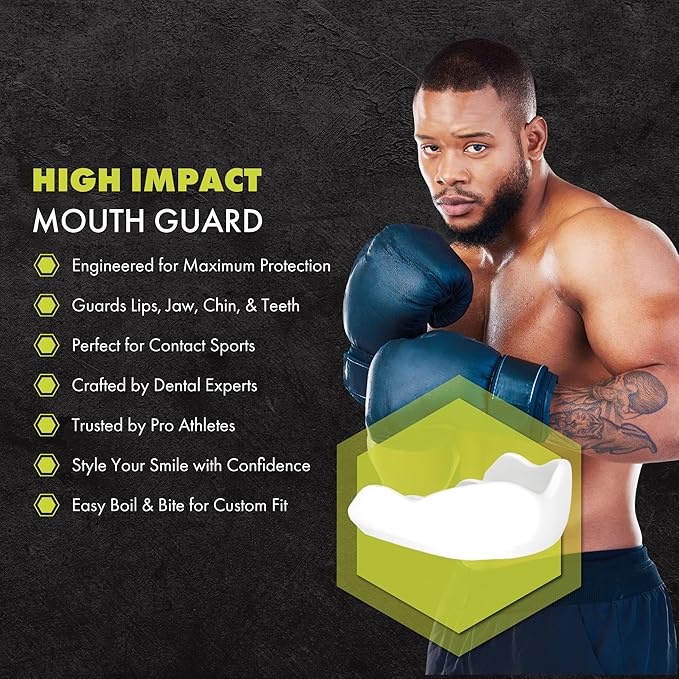 DAMAGE CONTROL High-Impact Mouth Guard – Sports Mouthguard for Boxing, Football, Hockey, Lacrosse & Basketball, Protects Teeth & Jaw, Protective Mouthpiece for Adults & Youth (Youth, White)