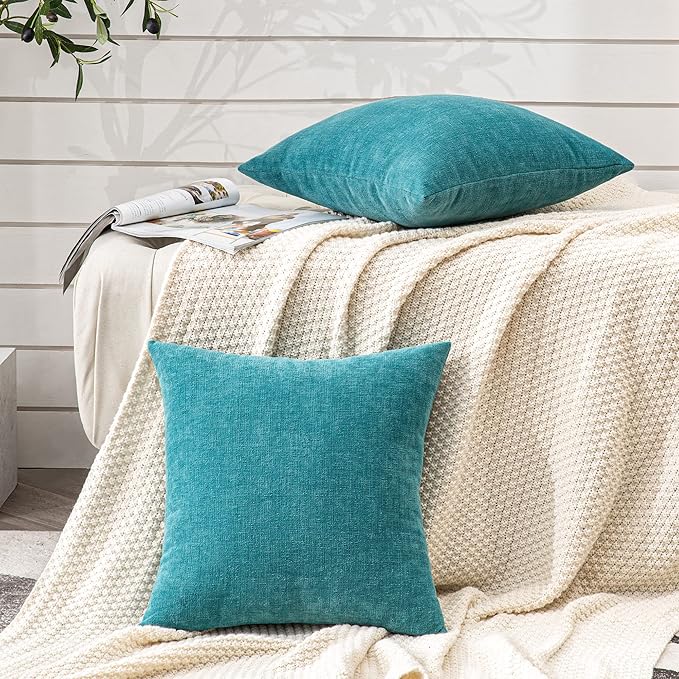GAWAMAY Decorative Square Throw Pillow Covers Set of 2 for Sofa ,Super Soft Chenille Farmhouse Pillowcases for Living Room Bedroom Home Decoration Couch Cushion Cover Teal 50x50cm/20x20 Inch