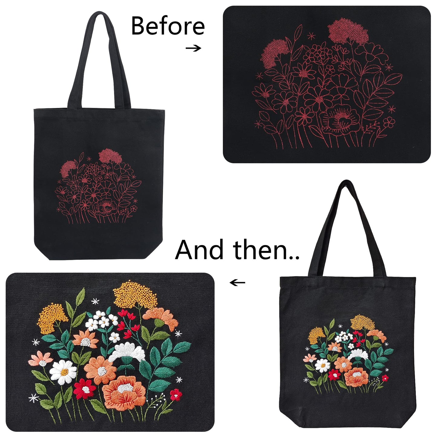 MAMUNU Canvas Tote Bag Embroidery Kit with Pattern for Beginners, Arts and DIY Crafts Kits for Adults, Include Instructions Embroidery Bag, Embroidery Hoops, Color Threads and Tool (Black)