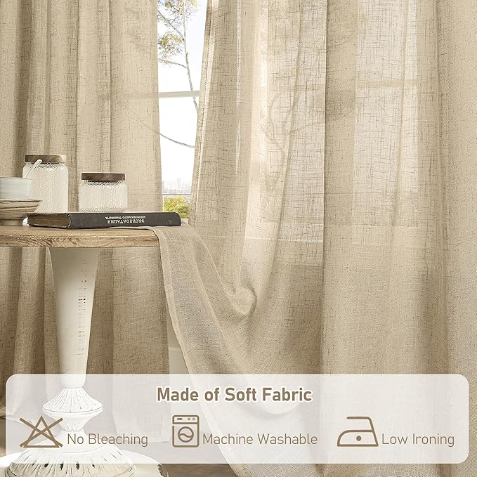 LAMIT Semi Sheer Linen Curtains 36 Inch Length for Cafe, Light Filtering Panels Back Tab and Rod Pocket Neutral Drapes for Bathroom/Kitchen/Loft Room, 25 x 36 Inch, Brown, 2 Panels