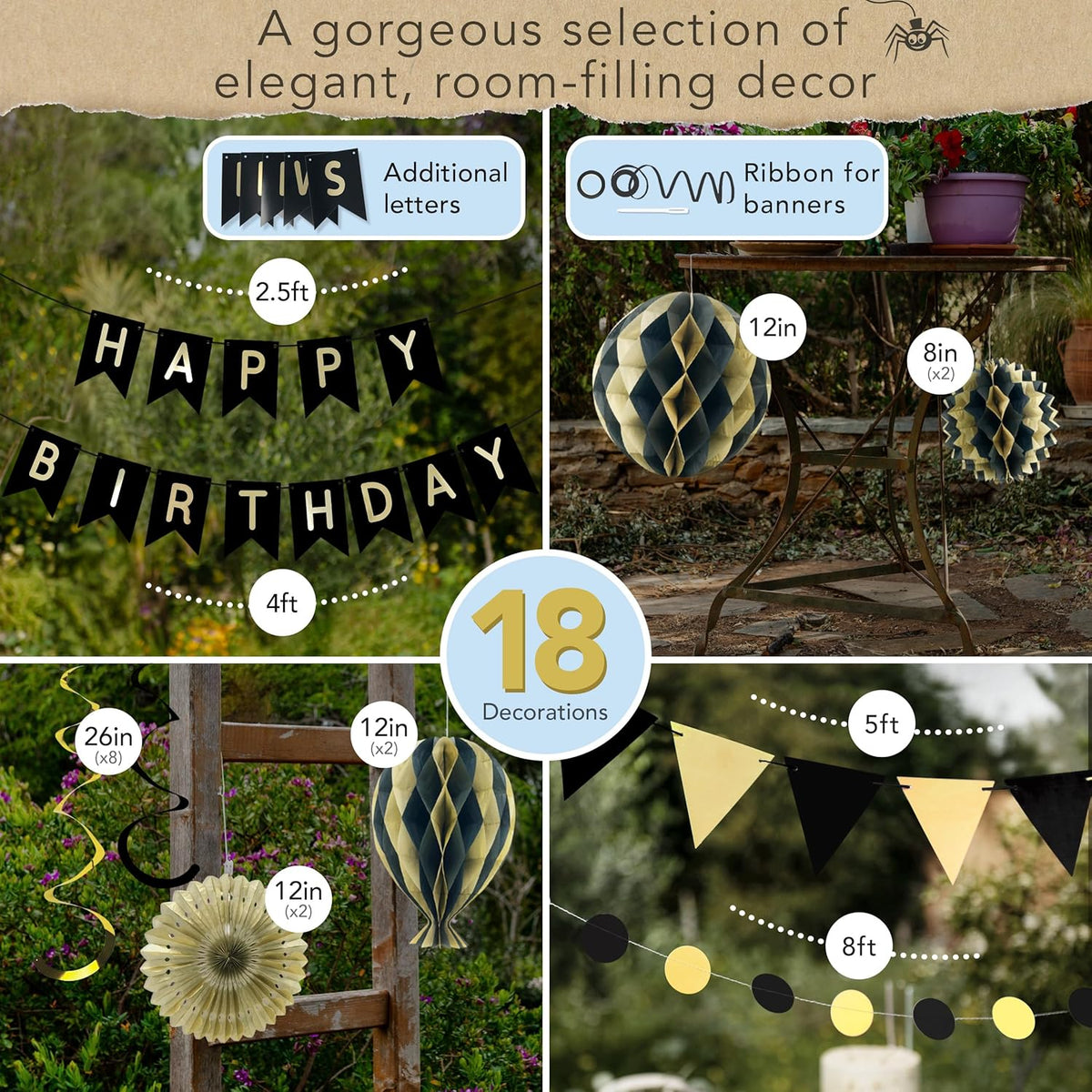 Premium Reusable - Black and Gold Birthday Decorations for Men and Women - Multi-occasion Banner, Pennant Banner, Paper Fans - Party Decor by Itsy Bitsy Party Co