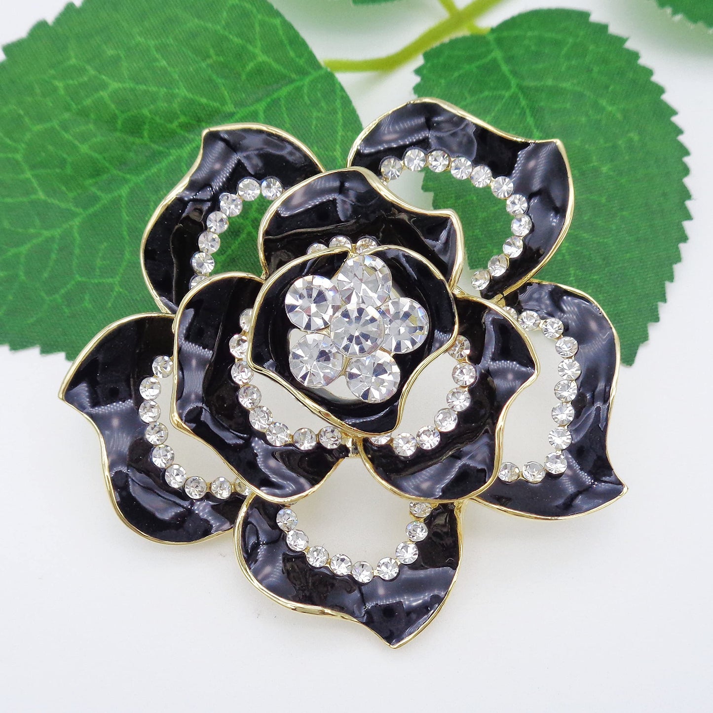 Navachi 18k Gold Plated Crystal Black Enamel Rose Flower Az7196b Brooch pins