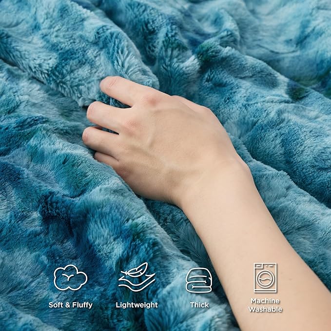 Bedsure Sherpa Blanket King Size - Soft, Fuzzy & Fluffy Faux Fur - Warm, Cozy Blanket for Couch, Sofa and Bed, Tie Dye Design, Teal,108x90 Inches