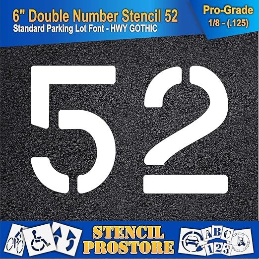 Pavement, Curb, and WheelStop Stencils - 6 inch Double Number Stencil - (52) - 6" x 9" x 1/8" (128 mil) - Pro-Grade