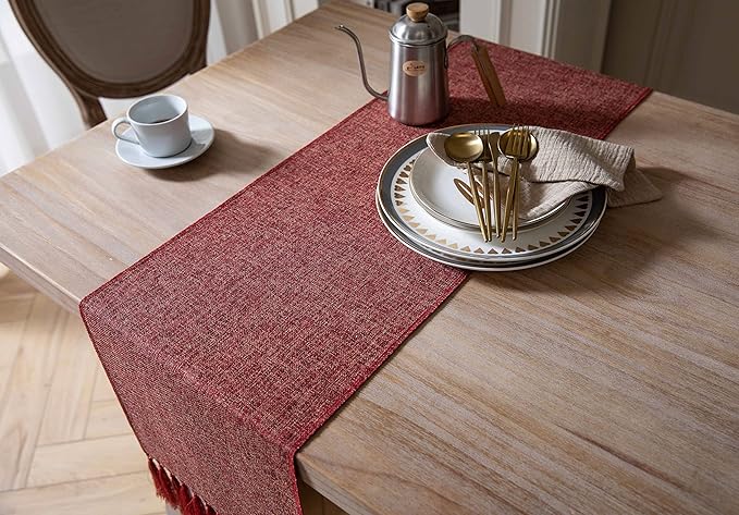 ZeeMart Red Table Runners 108 Inches Long, Burlap Linen Style Rustic Farmhouse Table Runner, Long Boho Dining Table Runner, 13x108 Inches, Red