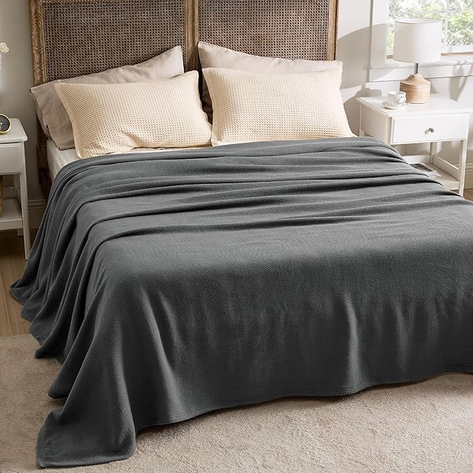 Bedsure 100% Cotton Blanket Queen Size for Bed - Breathable and Lightweight, Soft Cozy Textured Herringbone Woven Blanket for Summer Spring, Dark Grey, 90x90 inches