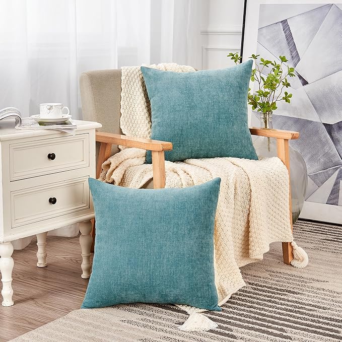 GAWAMAY Decorative Chenille Throw Pillow Covers 24x24 Inch Pack of 2, Soft Square Couch Pillow Cover for Sofa Cushion Living Room Bedroom Solid Dyed Pillowcases Smoke Blue 60x60cm (ONLY Covers)