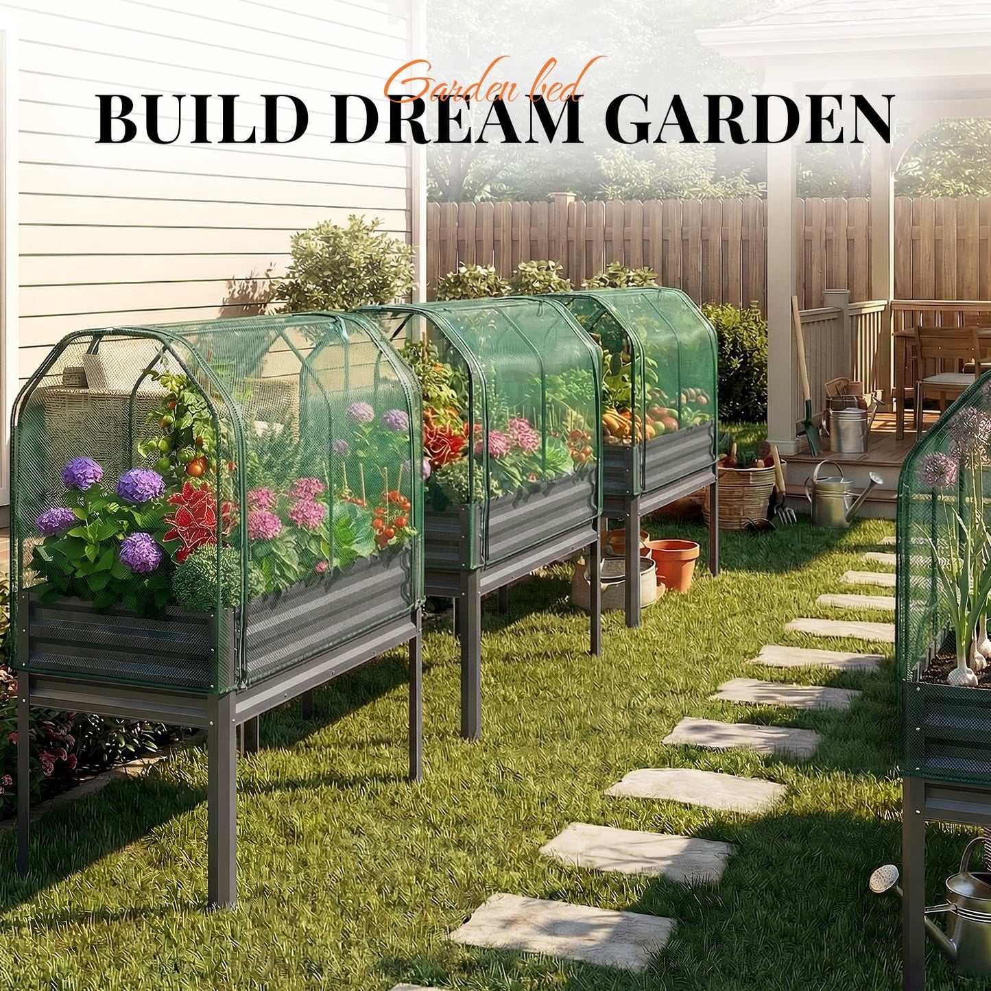 KING BIRD Large Raised Garden Bed with Netting Galvanized Elevated Planter Box with Legs 48×24×56 in for Backyard, Patio, Balcony, 400lb Capacity, Dark Grey