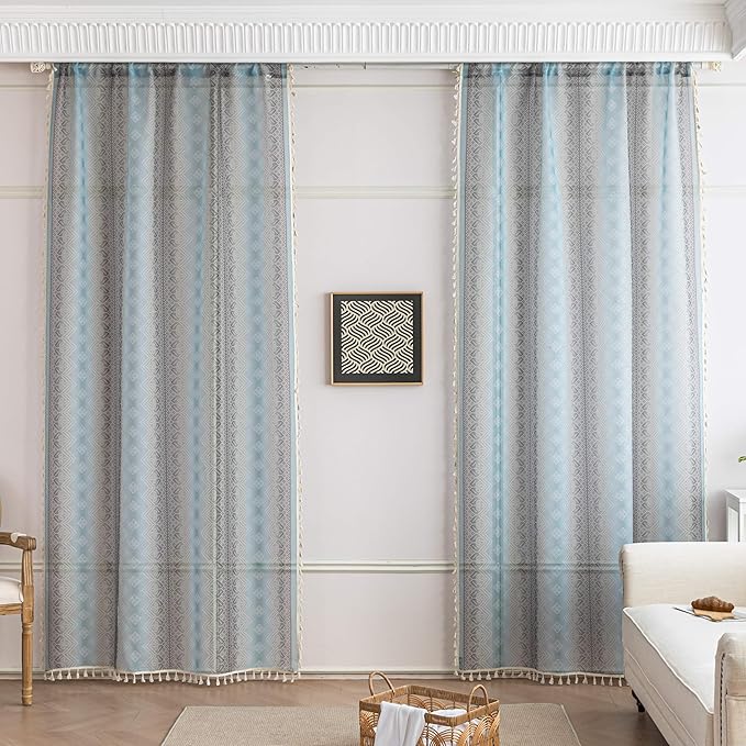Turquoise Geometric Sheer Curtains 63 inch Long, Fringed Edges and Textured Semi Sheer Curtains Large Window Treatments for Living Room/Bedroom, 2 Panels