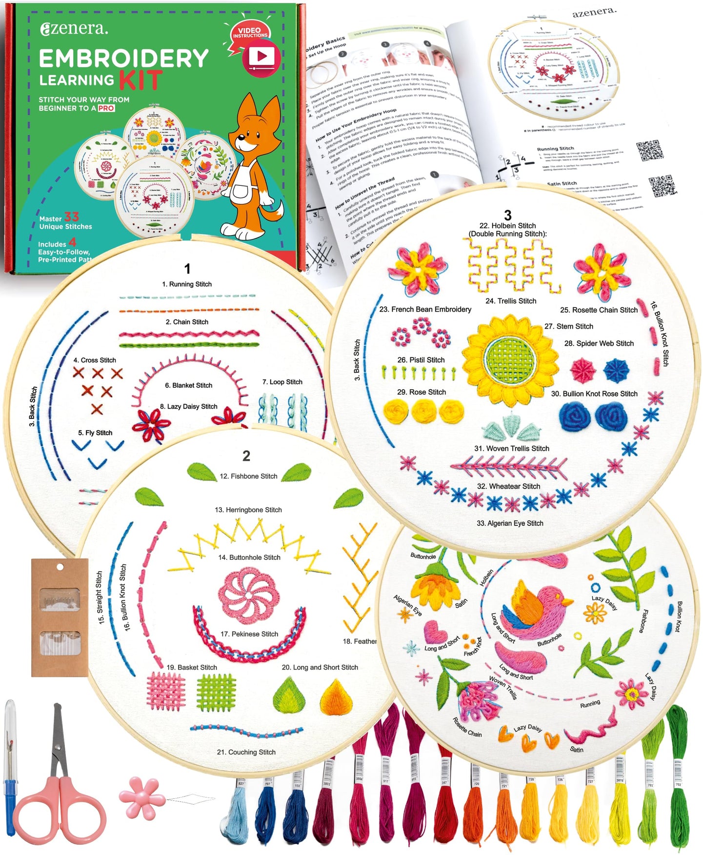 Azenera Beginner Embroidery Kit (4 Pack) Learn 33 Stitches with Easy DIY Video Tutorials, Coloured Design Patterns, Thread Floss, Cross Stitch Hoop, Gift (AZA100)