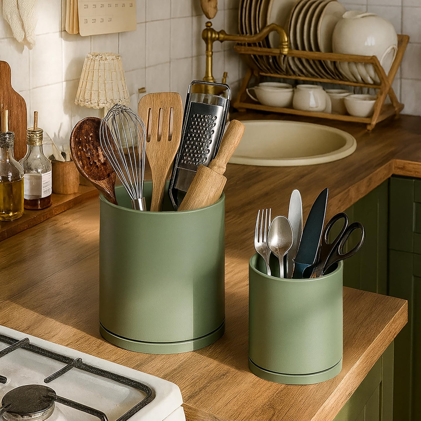 D'vine Dev 360° Rotating Utensil Holder Set – 7.2"+5" Kitchen Utensil Crocks for Countertop, Modern Cooking Tool Organizers for Kitchen Storage +Décor, Olive, Set of 2, 72-Z-C-1