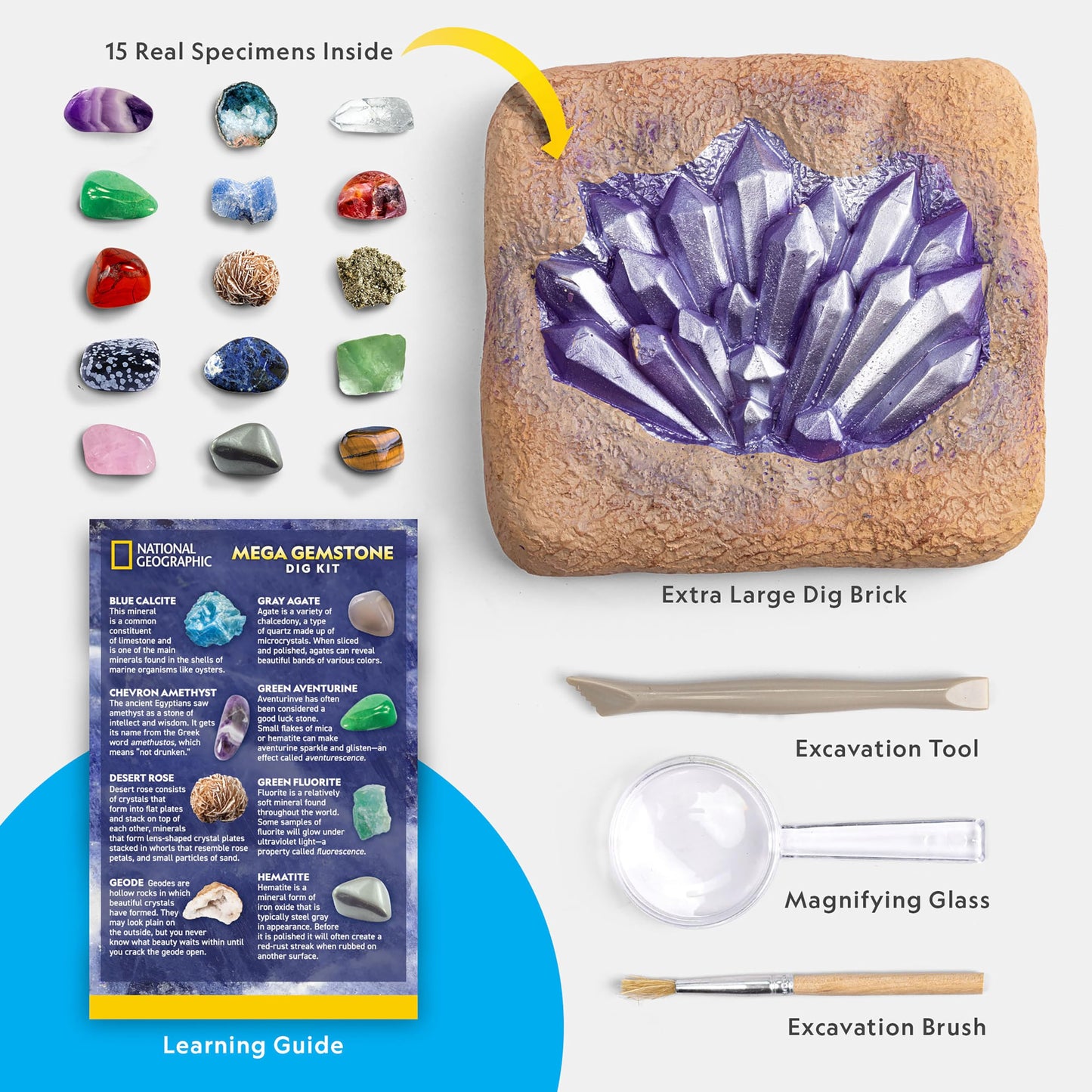 NATIONAL GEOGRAPHIC Mega Gemstone Dig Kit – Dig Up 15 Real Gemstones and Crystals, Science Kit for Kids, Gem Digging Kit, Gift for Girls and Boys, Mining Kit, Rock Collection