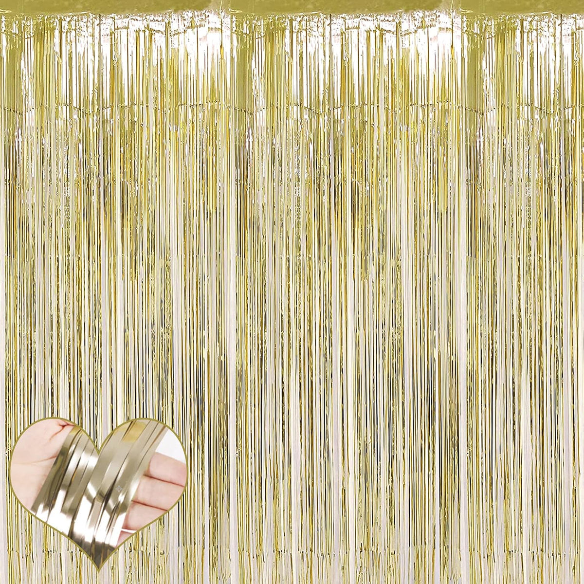 4 Pack Light Gold Fringe Curtain Backdrop, 3.2Ft x 6.6Ft Metallic Tinsel Foil Fringe Streamers Background for Photo Booth Birthday Wedding Baby Shower Carnival Easter Mother’s Day Party Decorations
