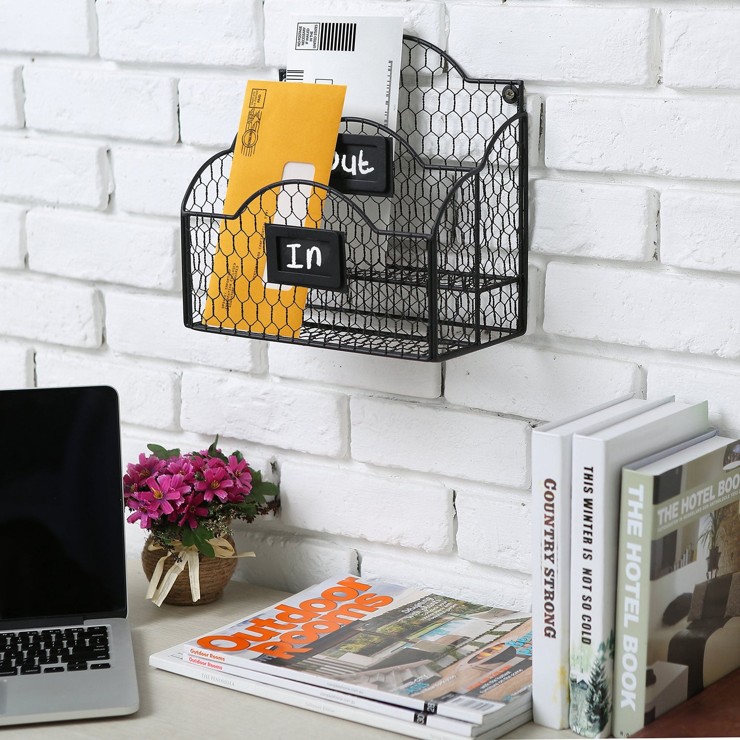 MyGift Metal Wire Basket Desk Organizer, 2 Compartment Inbox/Outbox Black Entryway Wall Mail Sorter, Office Desktop Stationery File Organizer Holder with Chalkboard Labels