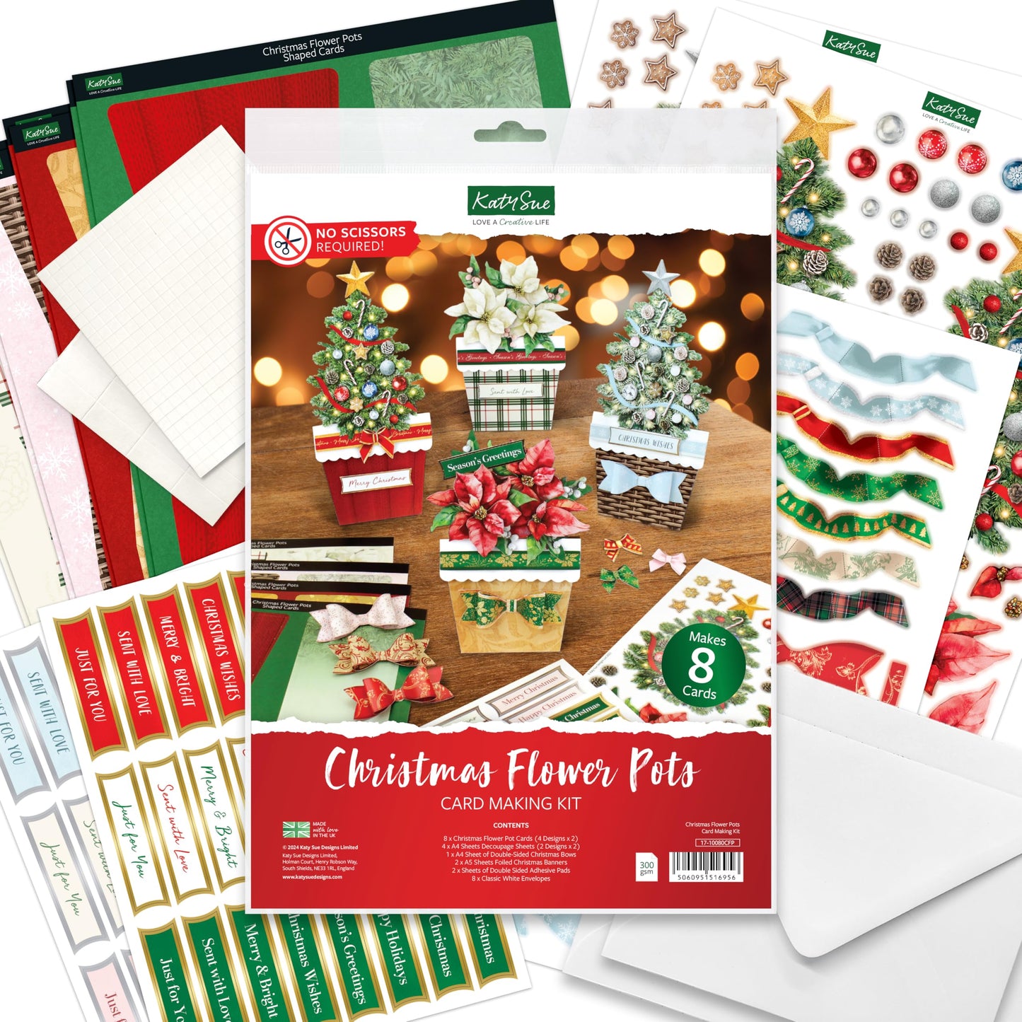 Katy Sue Christmas Flower Pots Card Making Kit. Contains 8 x 300 GSM Cards, Envelopes, 3D Die-Cut Decoupage, Paper Bows, Sticky Foam Pads & 2 Sheets of Christmas Sentiment Banners