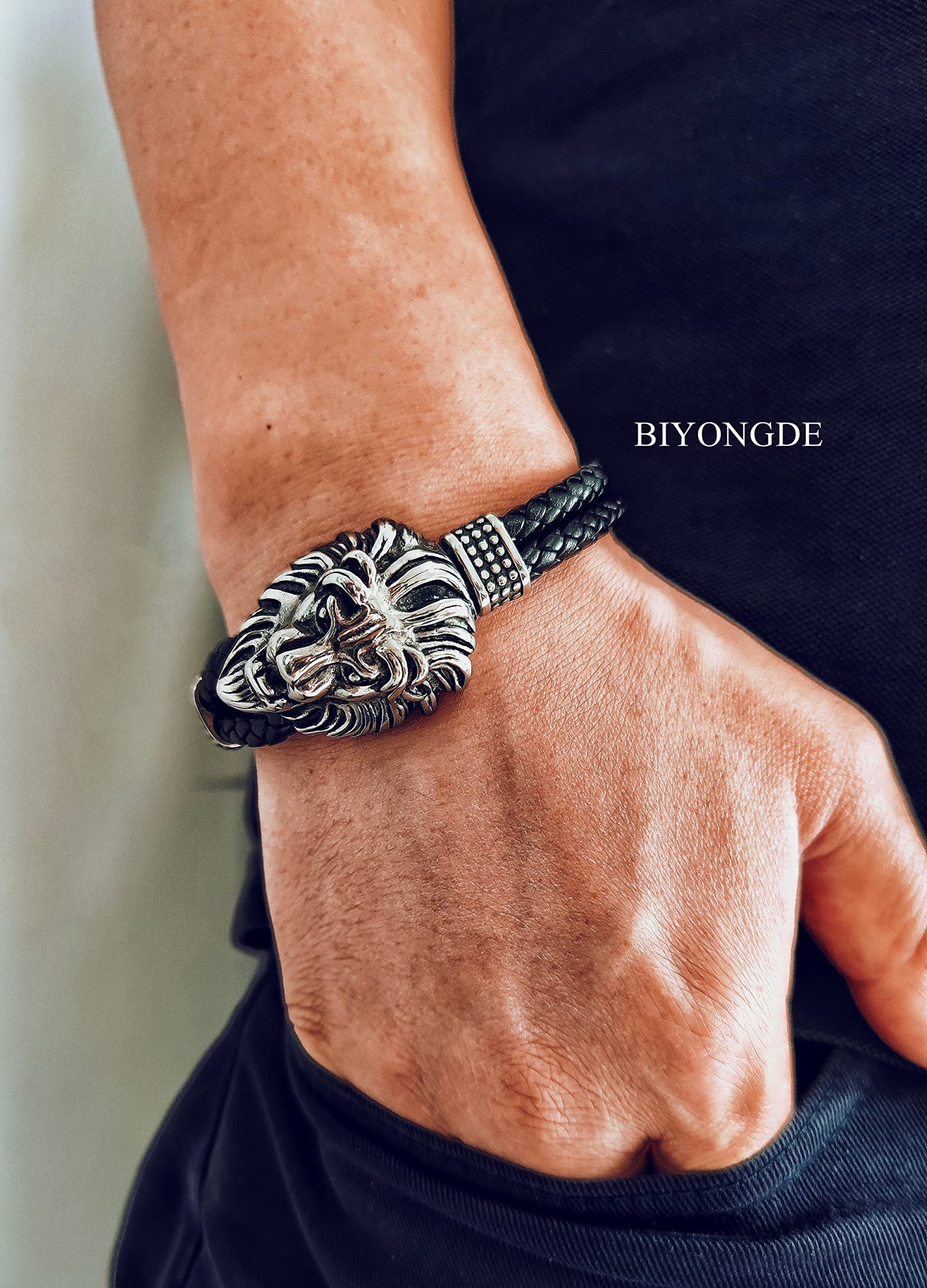 BIYONGDE Mens Black braided leather Bangle Bracelet, Vintage Stainless Steel Roaring Lion Head, Two-row