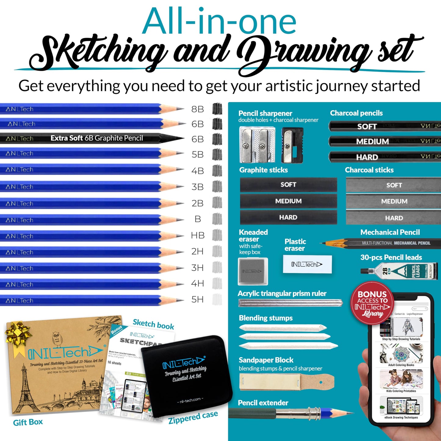 NIL - TECH 37-Pc Professional Drawing Set & Sketching Kit for Adults – Complete Art Supplies with Travel Case, Sketch Pad & Tutorials – Ideal Gift for Sketching