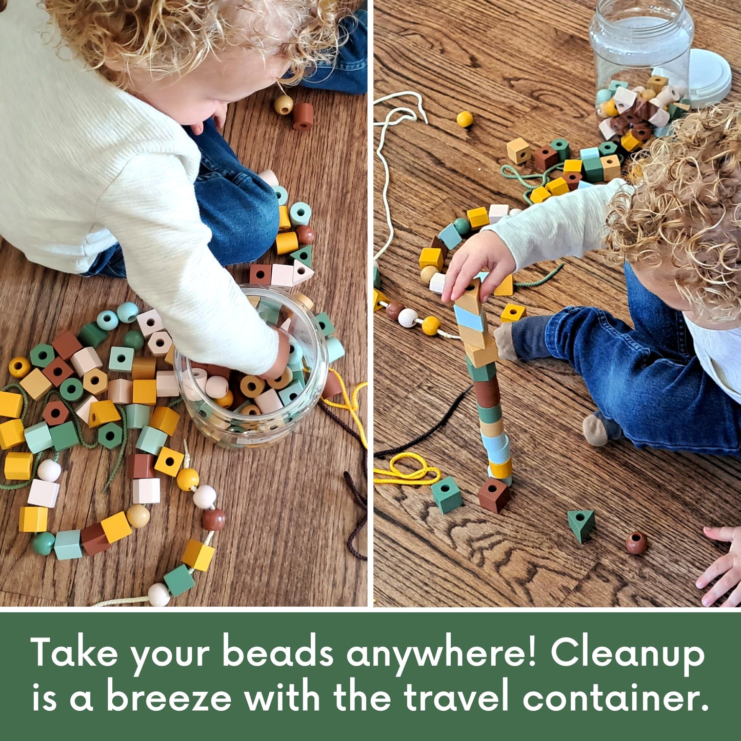 LMC Products Wooden Lacing Beads & Strings 125 Pieces, Fine Motor Skills Toys for 3 Year Old, Boho Colors