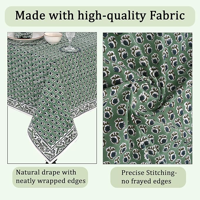 Ridhi Hand Block Print Basil Green Rectangle Cotton Tablecloth 120" x 80" Reusable Table Cover Decorative Everyday Use for Dining, Farmhouse, Home Gift for Spring, Easter, Valentine